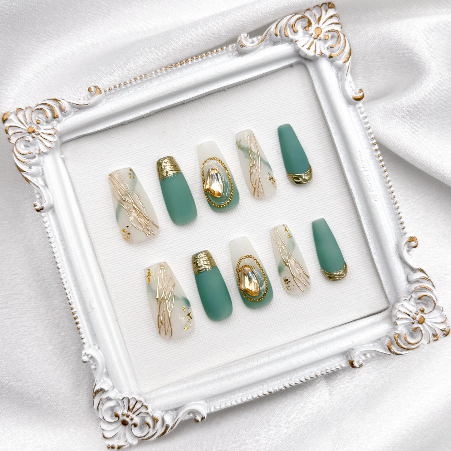 Golden Jade Handmade Matte Long Coffin Press-On Nails
